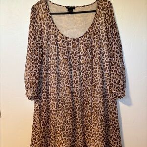 BCBG leopard print, chiffon scoop neck smock mini dress